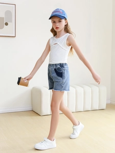 Girls summer outfit with ribbed tank top and contrast pocket denim shorts with raw hem