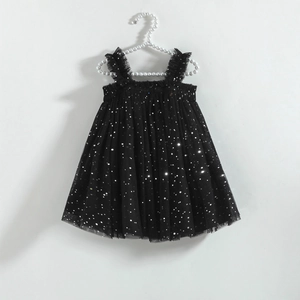Girl's summer black tulle princess dress with sparkling silver sequins and suspender straps