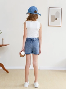 Girls summer casual set with white ribbed tank top blue denim shorts and matching baseball cap