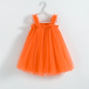 Sleeveless orange tiered tulle princess dress for toddler girls with ruffle straps