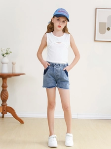 Girls Summer Fashion Denim Shorts Light Blue Washed Cotton Blend Casual Sports Short Pants For Kids Raw Hem Design