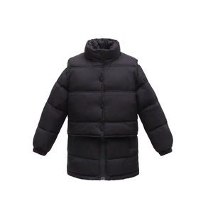 Detail of black quilted puffer jacket featuring windproof stand collar and button closure