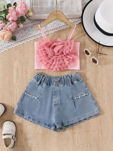 Mädchen Sommerkleidung Rosa 3D Blume Camisole Top Und Blaue Denim Shorts Mit Künstliche Perlen Dekor Urlaub Stil Kinder Mädchen Outfit