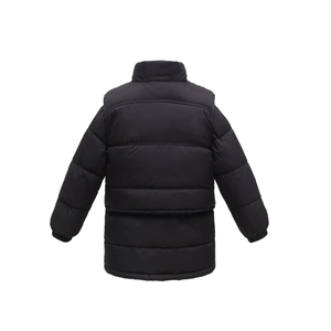 Detail view of the back of a black quilted winter puffer coat with a stand-up collar