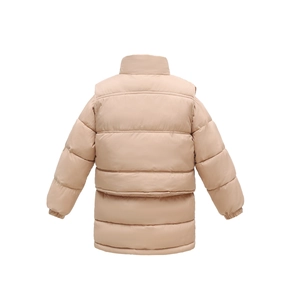 Rear view of a light beige quilted puffer jacket for kids with stand collar design