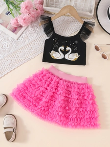 Girls Summer Swan Printed Sleeveless Top And Tulle Tutu Cake Skirt Outfit Sweet Princess Mesh Layered Skirt Kids Clothing