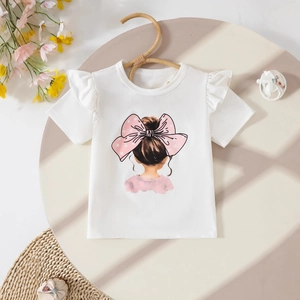 Detail of girls' white T-shirt featuring ruffled sleeves and a pink polka dot bow print