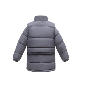 Detail view of the back of a gray waterproof quilted winter down jacket with stand collar