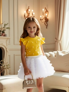 Girls Clothing Set Cotton Ribbed Artificial Pearl Top And Layered Mesh Tutu Skirt Princess Party Birthday Outfit For Girls