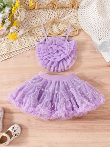 Ensemble de Vêtements d'Été pour Filles Top à Fleurs 3D et Jupe Tutu en Résille à Étages Coton Nylon Tenue de Fête d'Anniversaire Douce