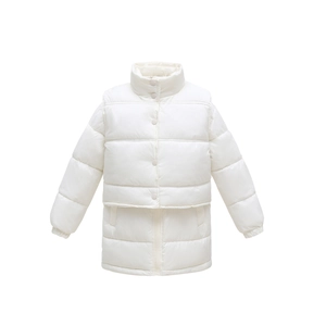 Detail view of cream white thick padded jacket featuring a two-piece design and stand collar
