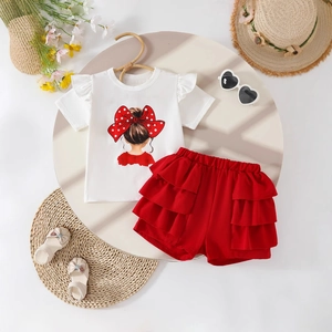 Flat lay of girls' white flutter sleeve tee and red tiered ruffle skirt summer set