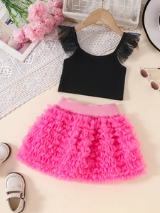 Girls summer outfit with black sleeveless top and vibrant pink tiered tutu skirt set
