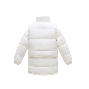Back view of kids white long padded jacket showing quilted pattern and high collar