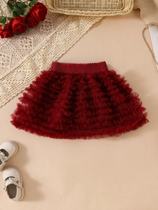 Wine red layered tutu skirt for girls with ruffled mesh tulle for parties and holidays