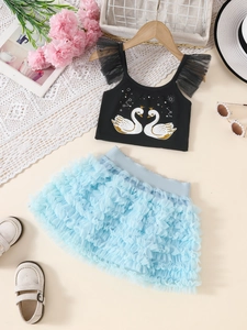Girls 2-piece tutu set with crown swan tank top and layered blue mesh tulle skirt