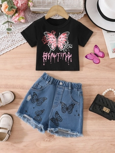 Girls Summer Butterfly Print T-Shirt And Denim Shorts Two Piece Set Cotton Blend Casual Outfit For Kids