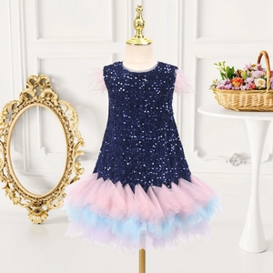 Detail of girls princess dress with sequins, mesh gradient skirt and feather shoulders