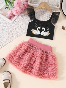 Girls summer outfit with black swan tank top and pink layered tulle tutu skirt