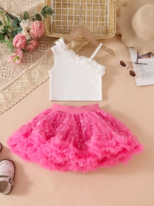 Girls summer two-piece outfit with white ribbed asymmetric top and pink star tutu skirt