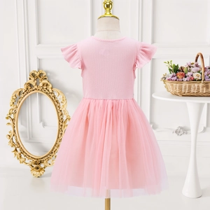 Detail des rosa Mädchen-Prinzessinnenkleids mit geripptem Mieder und Flügelärmeln