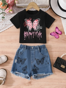 Kids black butterfly print T-shirt and denim shorts set with summer accessories