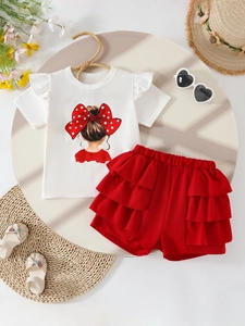 Toddler Girls Summer Clothing Set White Flutter Sleeve Graphic T-Shirt Ruffle Tiered Skort Cotton Blend Top And Bottom