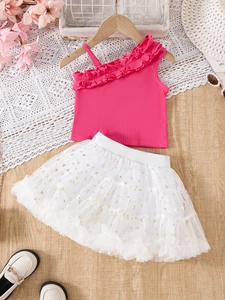 Girls pink one-shoulder ruffle top and white tiered star tutu skirt set