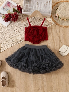 Ensemble 2 pièces fille : haut rouge à fleur 3D et jupe tutu à volants grise