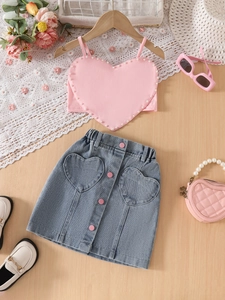 Girls Summer Clothing Set Pink Heart Shaped Cami Top With Artificial Pearl Trim And Denim Skirt Two Piece Set For Toddler Kids
