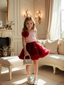 Girls pink knit vest with 3D flower and dark red layered mesh tutu skirt party outfit