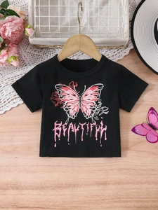 Toddler girl black T-shirt with pink butterfly print on hanger with summer decor