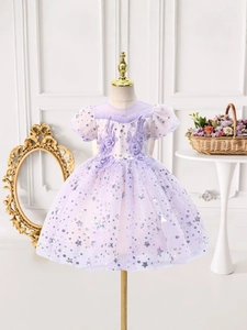 Girls Sequin Purple Princess Dress Short Sleeve Tulle Birthday Party Gown For Toddler Kids Luxurious Flower Applique Vestidos