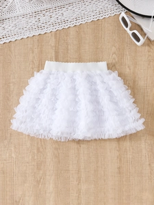 Chic white tiered tulle tutu skirt for girls with comfortable wide elastic waistband