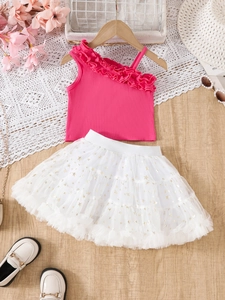 Girls summer two-piece outfit with rose pink cold shoulder top and white star tutu skirt