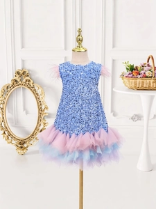 Girls Sequin Mesh Dress Sleeveless Feather Princess Tulle Gown For Birthday Party Performance Wedding Ceremony
