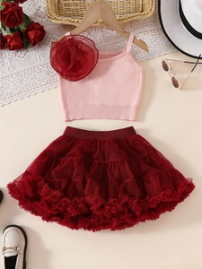 Girl pink knit tank top and burgundy mesh tutu skirt set with mesh flower detail