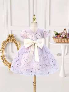 Lavender tulle girls princess dress with star sequins and large back bow detail