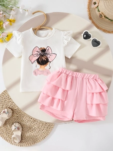 Girls summer two-piece outfit with white flutter sleeve T-shirt and pink ruffled shorts