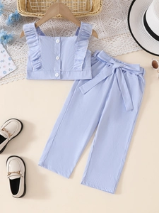 Ensemble d'été à rayures bleues pour fille avec haut à volants et pantalon large