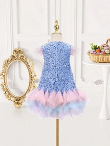 Sparkly blue sequin girls party dress with colorful multi-layer tulle ruffle skirt