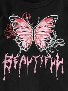 Summer butterfly print t-shirt and denim shorts set with pink graphic art details