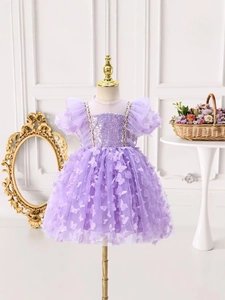 Robe de Princesse Élégante pour Filles avec Papillons et Sequins Robe de Fête en Tulle à Couches Manches Bouffantes