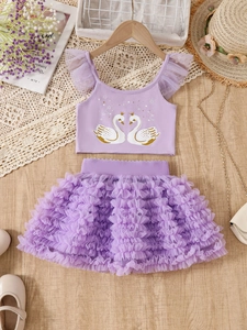 Girls' summer lavender tutu set featuring crown swan print camisole and layered mesh skirt