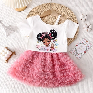 Tenue d'été pour fille avec t-shirt à motif dessin animé et jupe tutu rose à volants