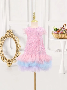 Pink sequin dress for girls with feather shoulders and colorful layered mesh skirt