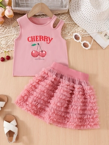 Pink cherry print tank top and tiered mesh tutu skirt two-piece outfit for toddler girls