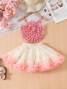 Ensemble d'été pour filles avec caraco à fleurs et jupe tutu en tulle multicouche rose