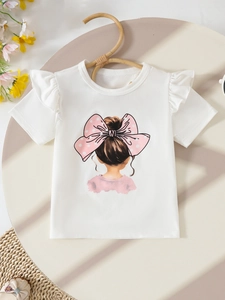 Girls summer two-piece outfit featuring white flutter sleeve t-shirt with cartoon girl print