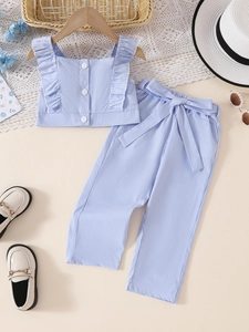 Ensemble d'été rayé bleu et blanc pour filles avec haut à volants et pantalon large